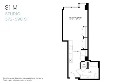 Floor plan for studio, 1 bath, 590 sqft